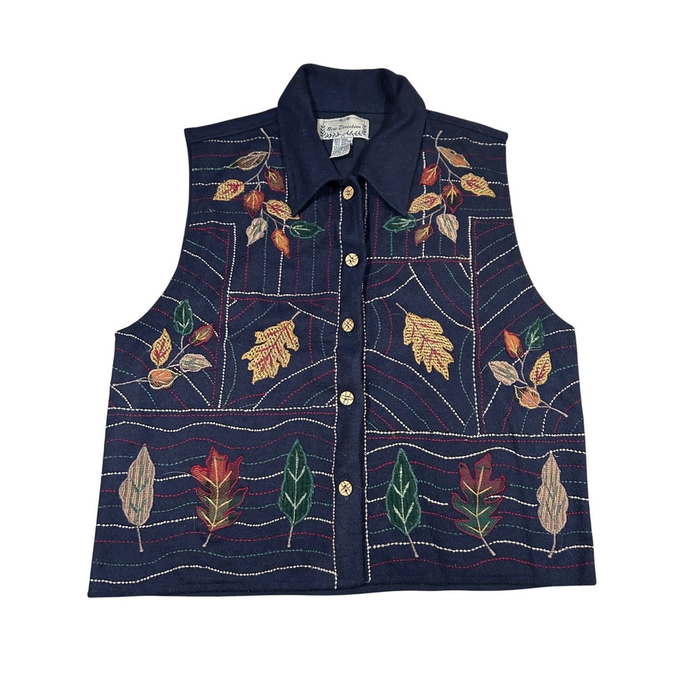 Vintage Navy Wool Blend Embroidered Fall Leaf Vest Womens‎ Large Novelty